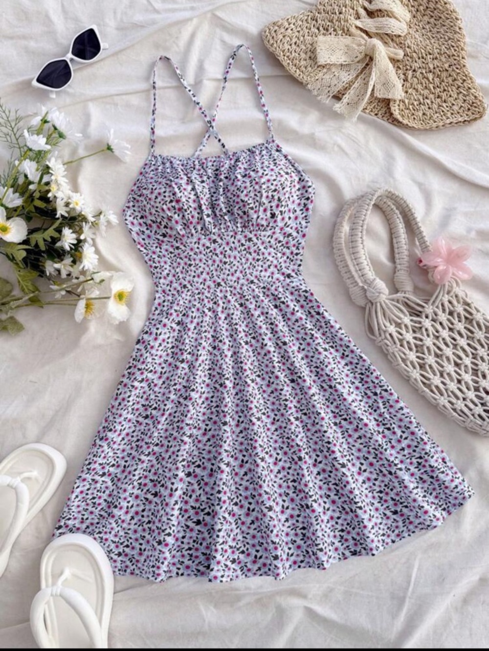 Floral Spaghetti-Strap Sundress in White with Pink & Black Print